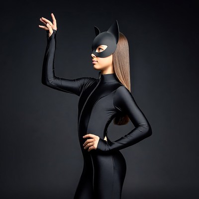 Model poses in black costume for a photoshoot