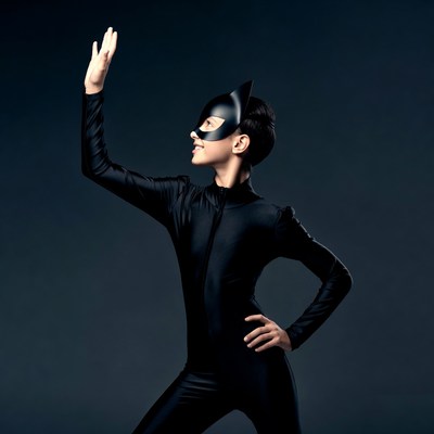 Dancer in black outfit poses with mask