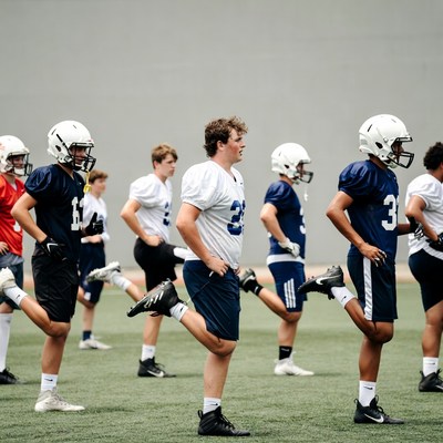 Football players practice on field