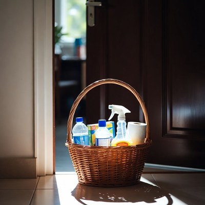 Basket with cleaning supplies near door