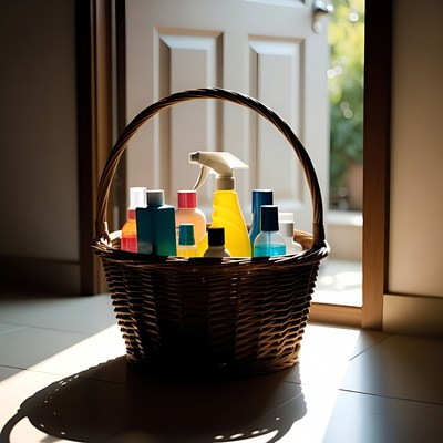 Cleaning supplies in a basket by the door