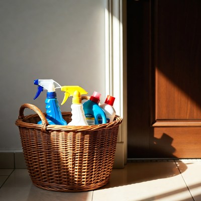 Cleaning supplies in a basket near a door
