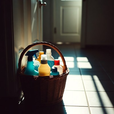 Cleaning supplies in a basket by the door