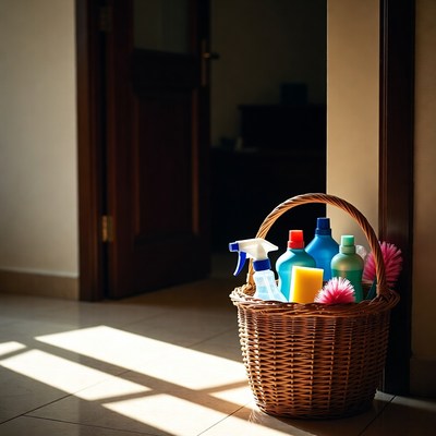 Cleaning supplies in a basket