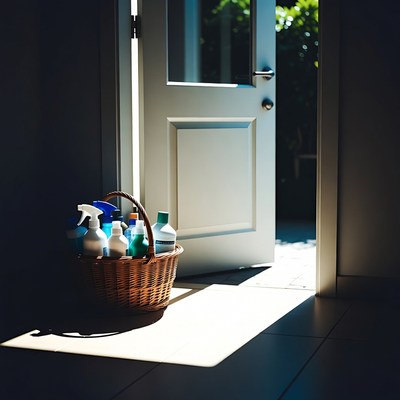 Cleaning supplies in a basket