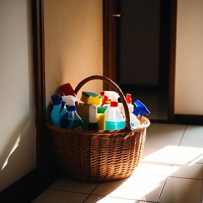 Cleaning supplies in a basket near a door