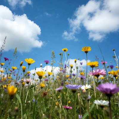 Bright flowers in green field under sky