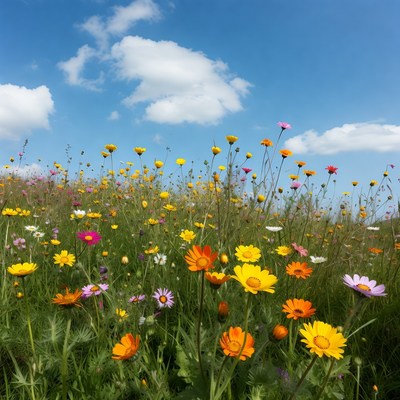 Colorful flowers bloom under a blue sky