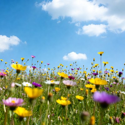Colorful flowers bloom under clear sky