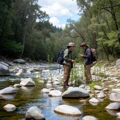 Hikers explore riverbed area in nature