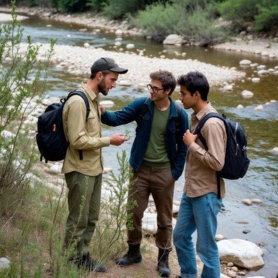 Friends exploring a riverbank together