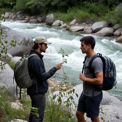Two hikers discuss by river