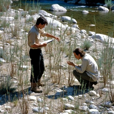 Research activity by a riverbank in sunlight