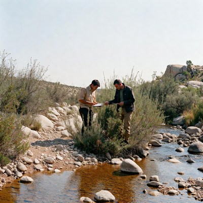 Men study plants near stream