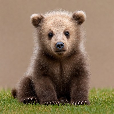 Cute bear cub sitting on grass
