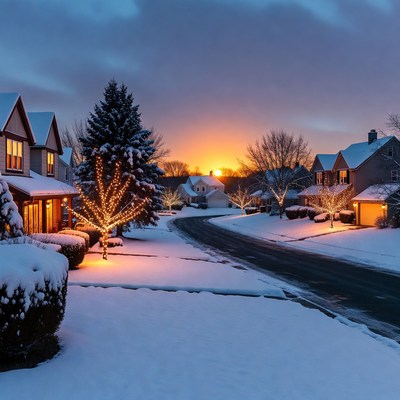 Snowy neighborhood at sunset