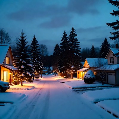 Quiet snowy street at night