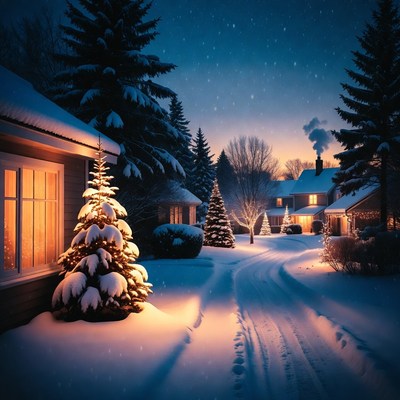 Winter evening with snow and lights