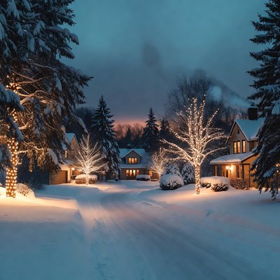 Snowy neighborhood with lights at dusk