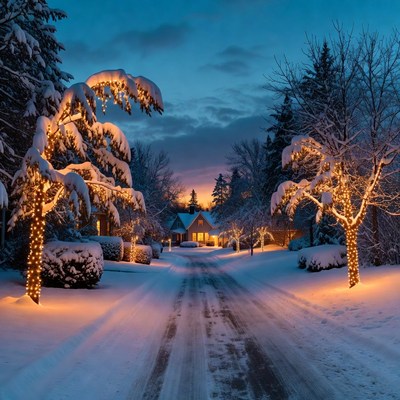 Snowy road with holiday lights at dusk