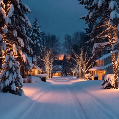 Snowy street with lights at night
