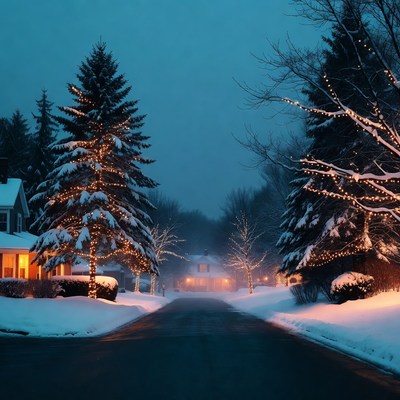 Snowy street with lights at night