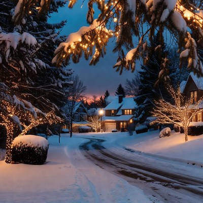 Snowy winter evening in a neighborhood