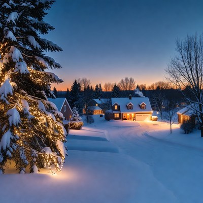 Winter scene in snowy neighborhood at dusk