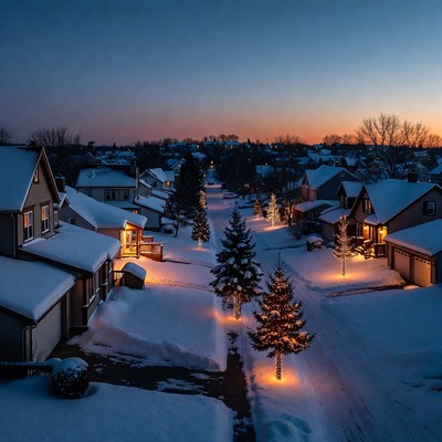 Winter night in a suburban neighborhood