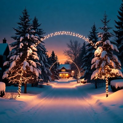 Snowy street with lights at dusk