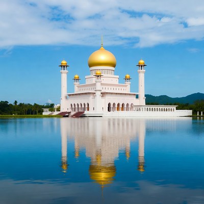 Mosque with golden dome by water