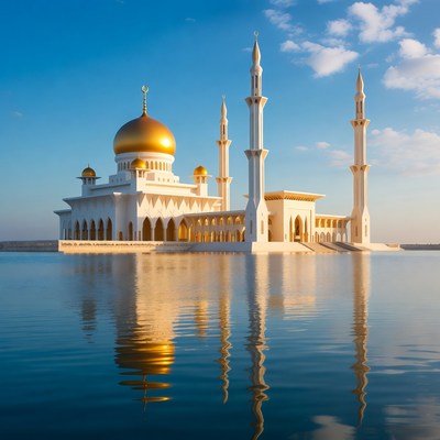 Mosque by the water in bright sunlight