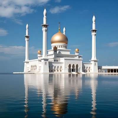Mosque by the water in clear sky