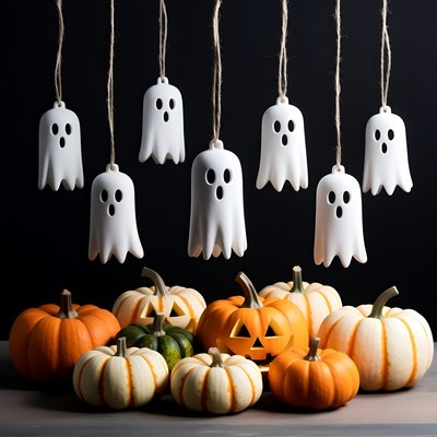 Halloween decorations with pumpkins and ghosts