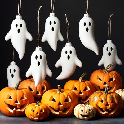 Ghost decorations and pumpkins display