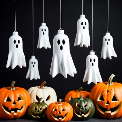 Halloween decorations with ghosts and pumpkins