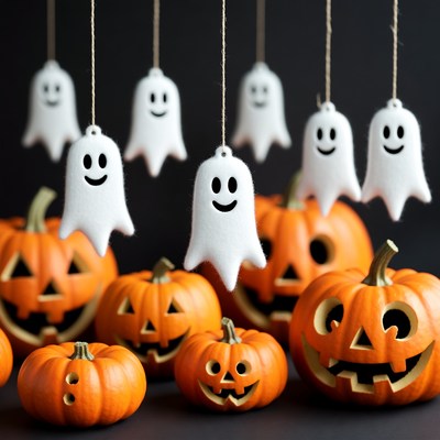 Hanging ghosts and pumpkins for halloween