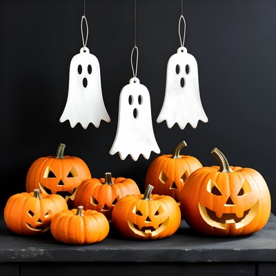 Halloween pumpkins and ghost decorations displayed