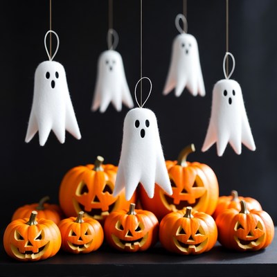 Halloween decorations with ghosts and pumpkins
