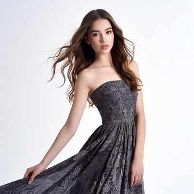 Model in gray dress with flowing hair