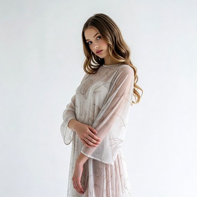 Woman in light dress poses indoors