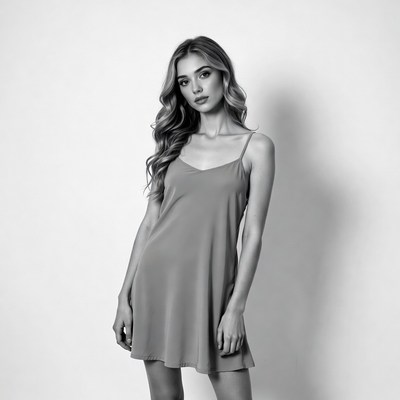 Model posing in simple dress