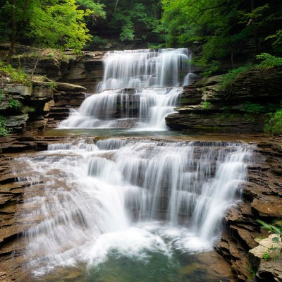 Waterfalls in a forested area