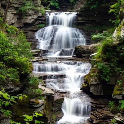 Waterfall flowing in green landscape