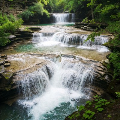 Waterfalls in forest landscape near river