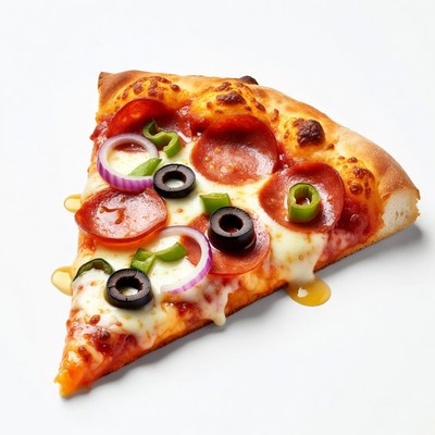 Slice of pizza with toppings on white plate