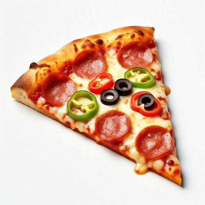 Pizza slice with toppings on white plate
