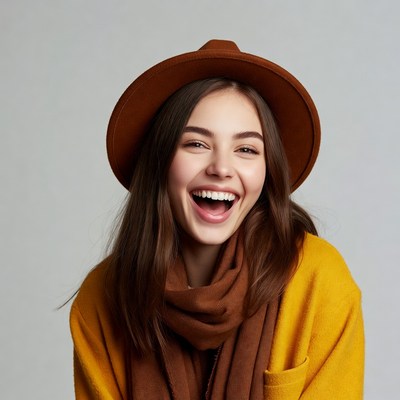 Girl with hat and scarf smiling happily