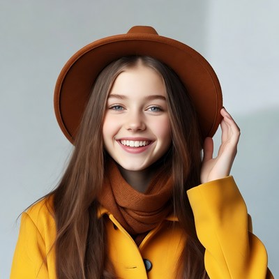 Young girl smiles in yellow coat