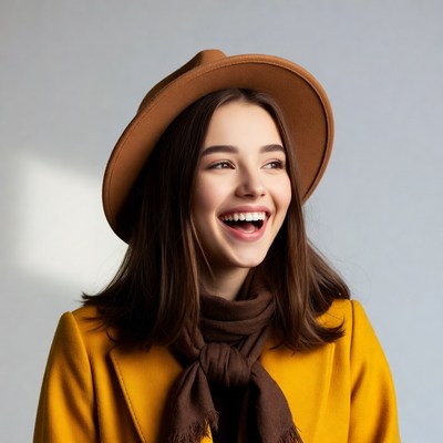 Woman smiling in warm coat indoors